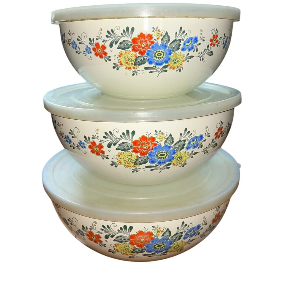 3 Vintage Kobe Japan Metal Enamel Ware Florsl Nesting Bowls with Plastic Lids